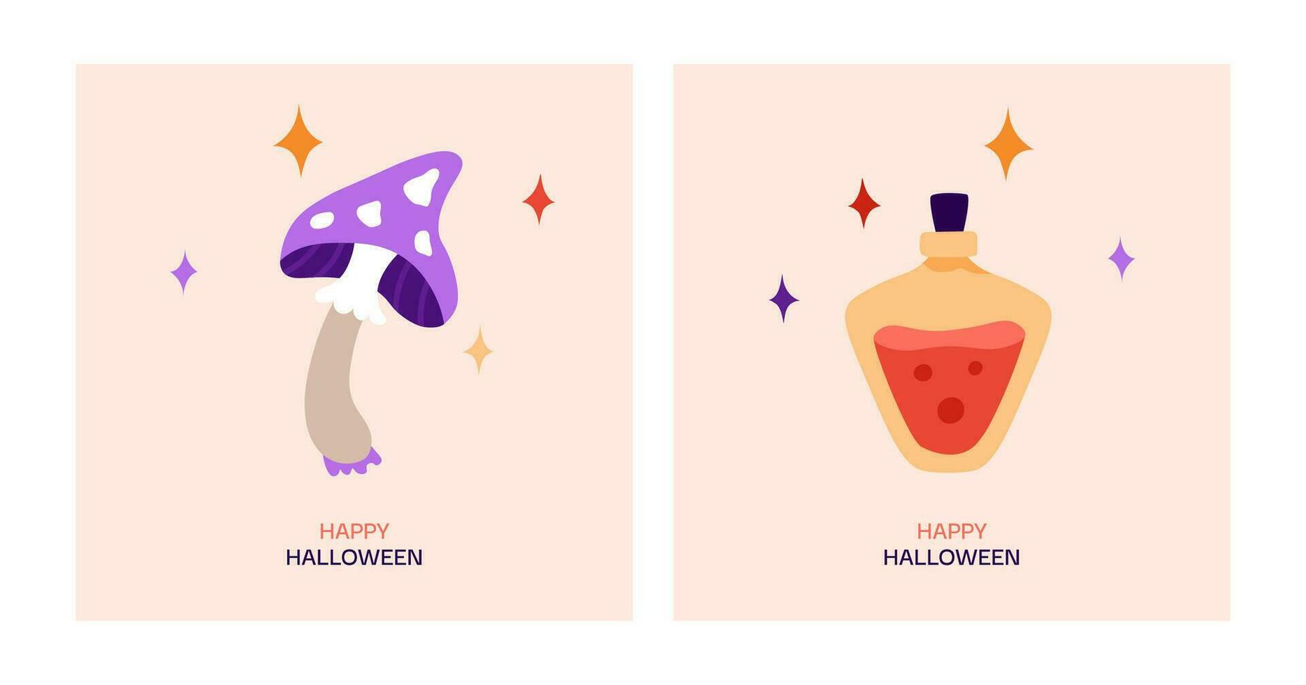 gelukkig halloween groet kaart. tekenfilm vector illustratie met schattig magie paddestoel, toverdrank en sterren.