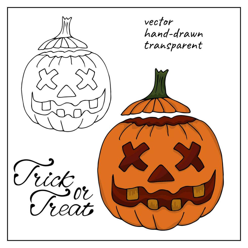 halloween eng pompoen met onheil glimlach. hand getekend oranje squash silhouet geïsoleerd Aan wit achtergrond. tekenfilm kleurrijk pompoen sticker. vector