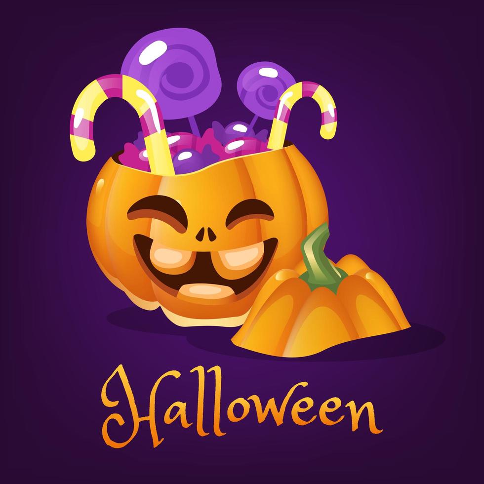 gelukkige pompoen met snoep cartoon vectorillustratie. halloween lantaarn glimlachend met belettering. enge realistische oranje pompoensticker. trakteer of trick patch op paarse herfstvakantie social media post vector