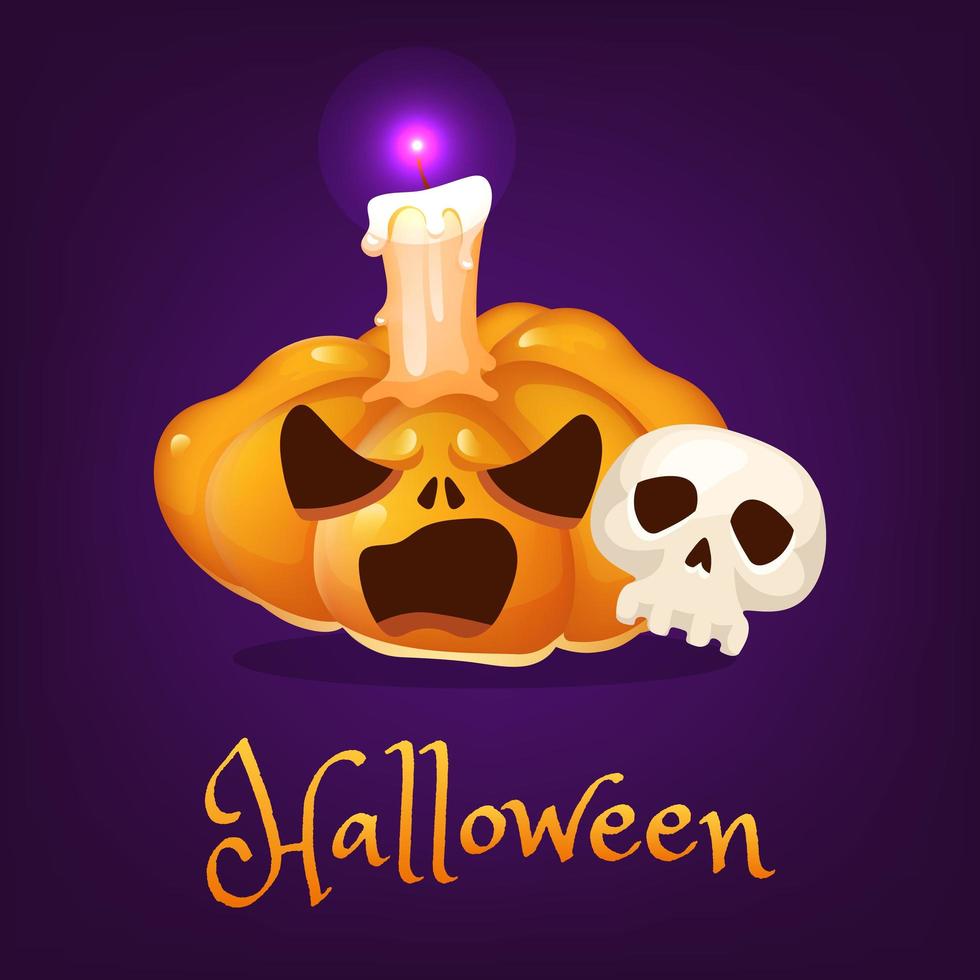 griezelige pompoen cartoon afbeelding. halloween gesneden lantaarn met boze glimlach, schedel, kaars en belettering geïsoleerde clipart. enge realistische oranje pompoensticker. herfstvakantie social media bericht vector