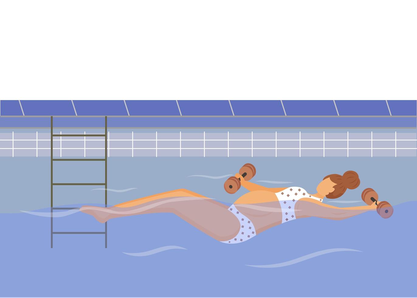 zwanger meisje zwemmen in aqua fitness klasse platte vectorillustratie. gezondheid tijdens de zwangerschap. jonge vrouw oefenen in water met gewichten stripfiguur op witte achtergrond vector