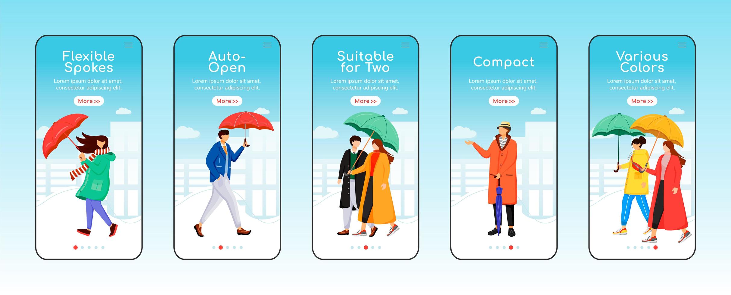 paraplu's onboarding mobiele app scherm platte vector sjabloon. flexibele spaken. compact scherm. walkthrough website stappen met karakters. ux, ui, gui smartphone cartoon-interface, case prints set