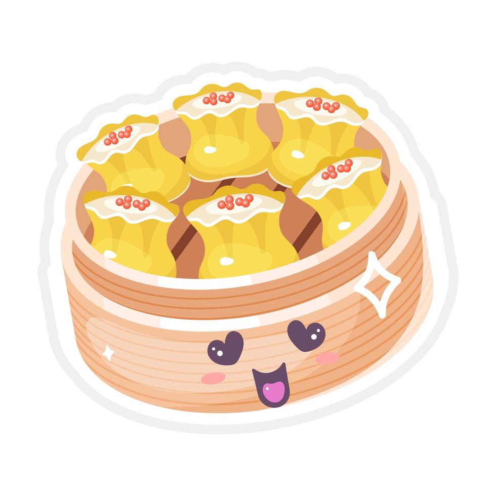 chinese dim sum schattige kawaii vector tekens set. Aziatische schotel met lachend gezicht. oosterse traditionele keuken. knoedel met kaviaar. grappige emoji, emoticon. geïsoleerde cartoon kleur illustratie