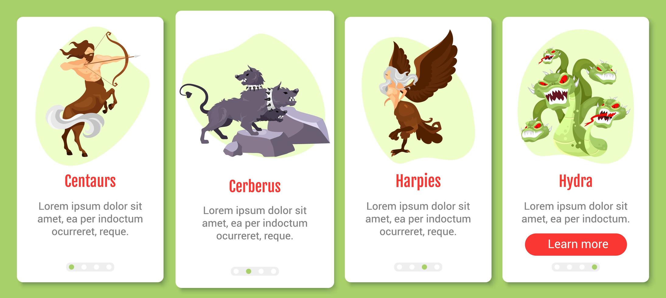 Griekse mythologie onboarding mobiele app scherm vector sjabloon. fantastische wezens en beesten. walkthrough website stappen met platte karakters. ux, ui, gui smartphone cartoon interface concept