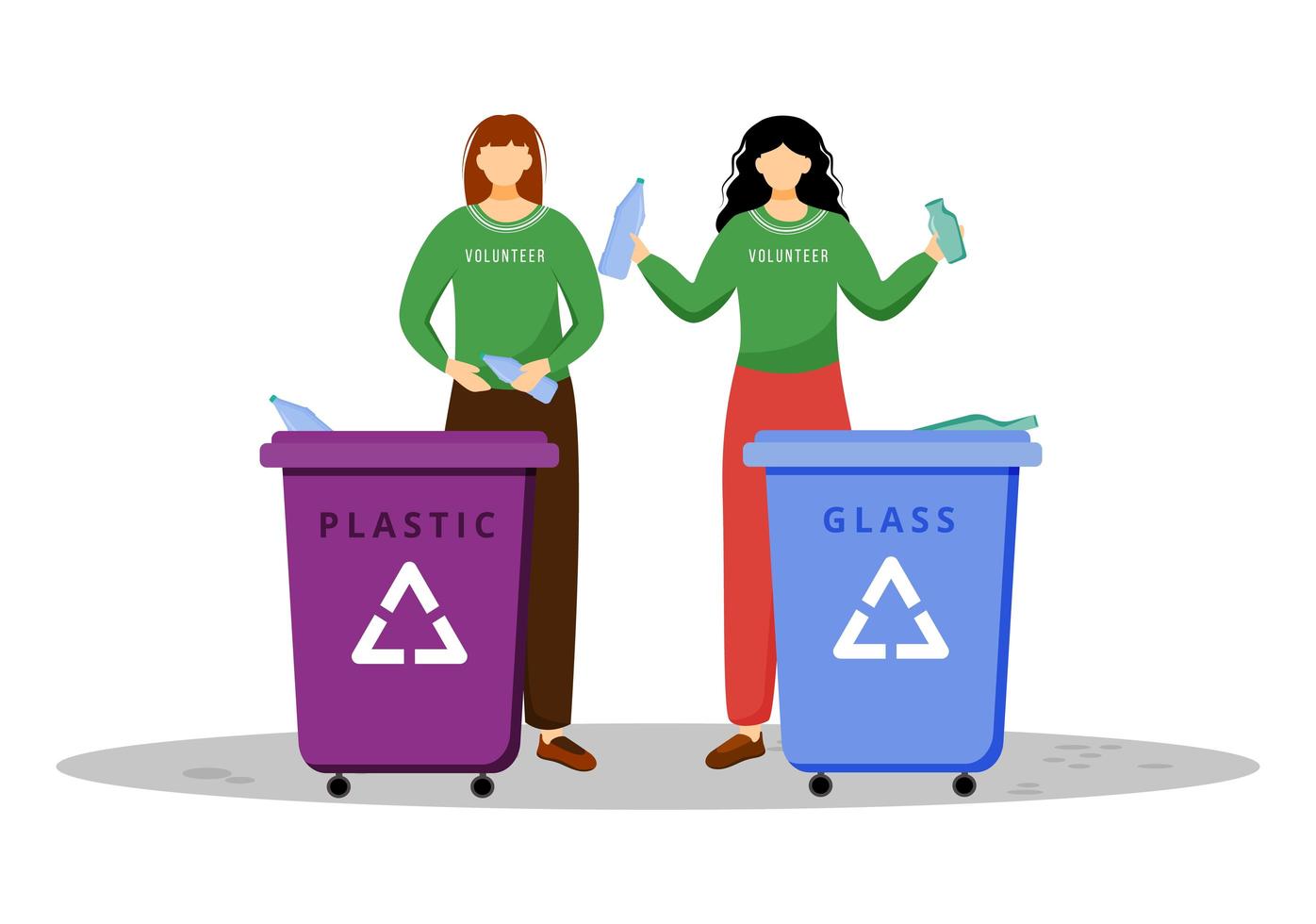 afvalbeheer platte vectorillustratie. jonge vrijwilliger, milieuactivisten geïsoleerde stripfiguren op een witte achtergrond. vrouwen die afval recyclen. vervuiling preventie concept vector