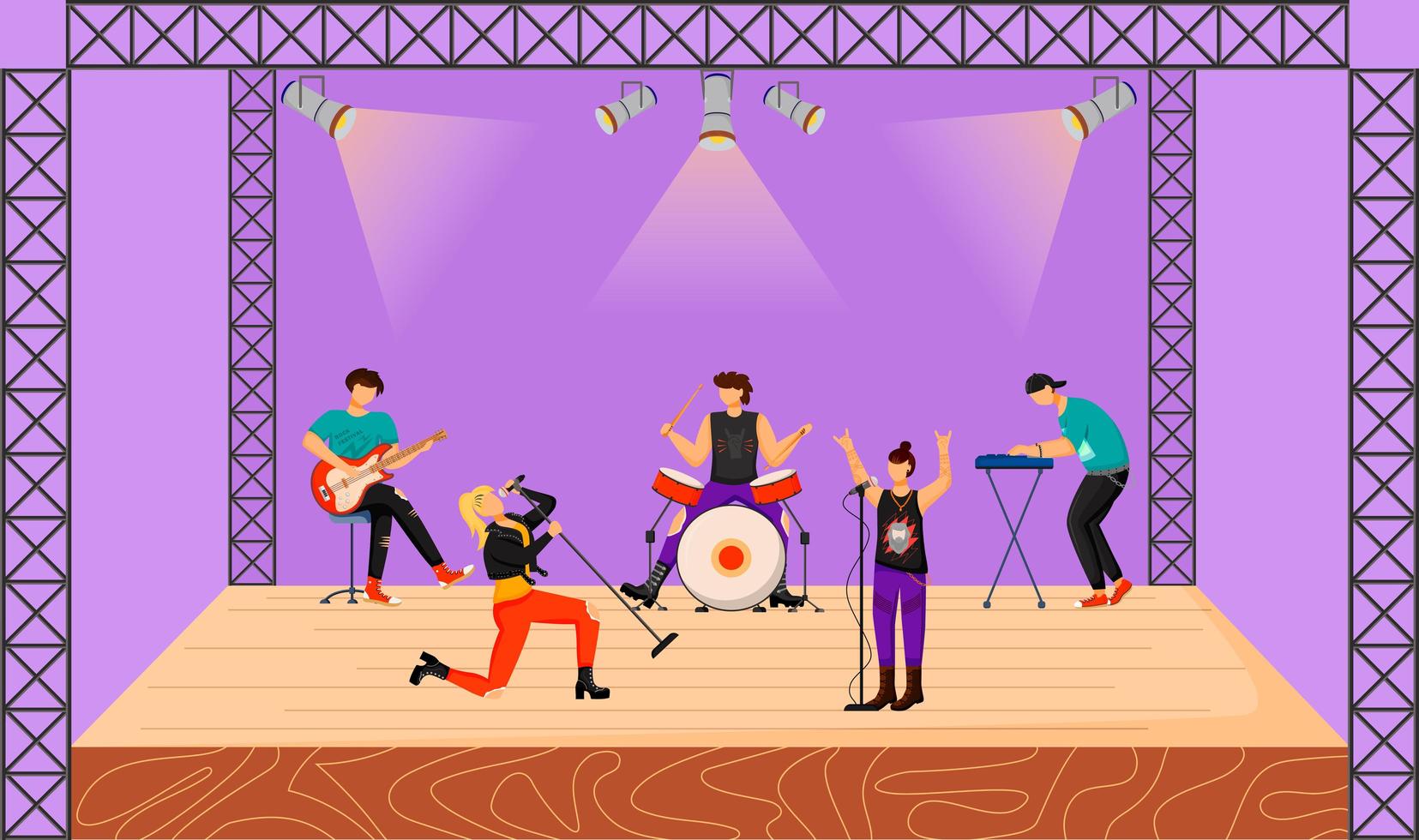 punk rock band platte vectorillustratie. muziekgroep met twee zangers die optreden tijdens een concert. muzikanten die samen op het podium spelen. live muziekoptreden. festival. stripfiguren vector