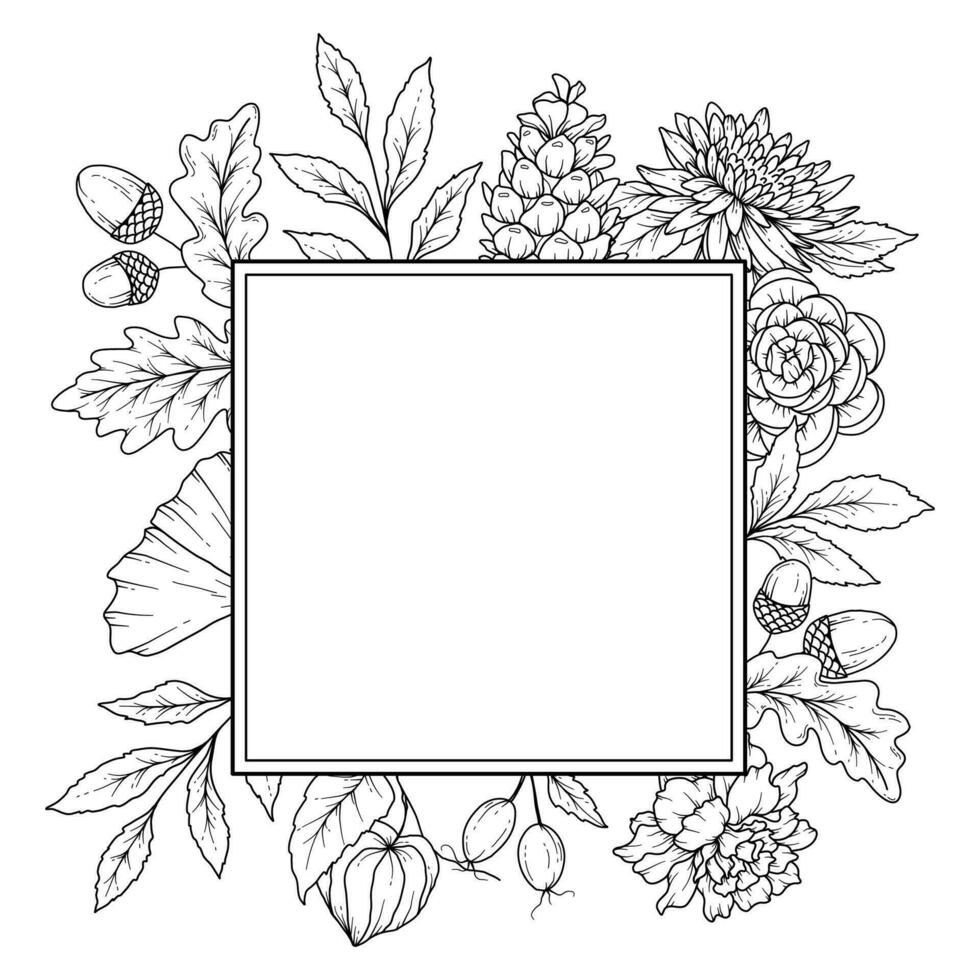 vallen bloemen kader schets. vallen gebladerte lijn kunst illustratie, schets bladeren arrangement hand- getrokken illustratie. vallen kleur bladzijde met bladeren vector