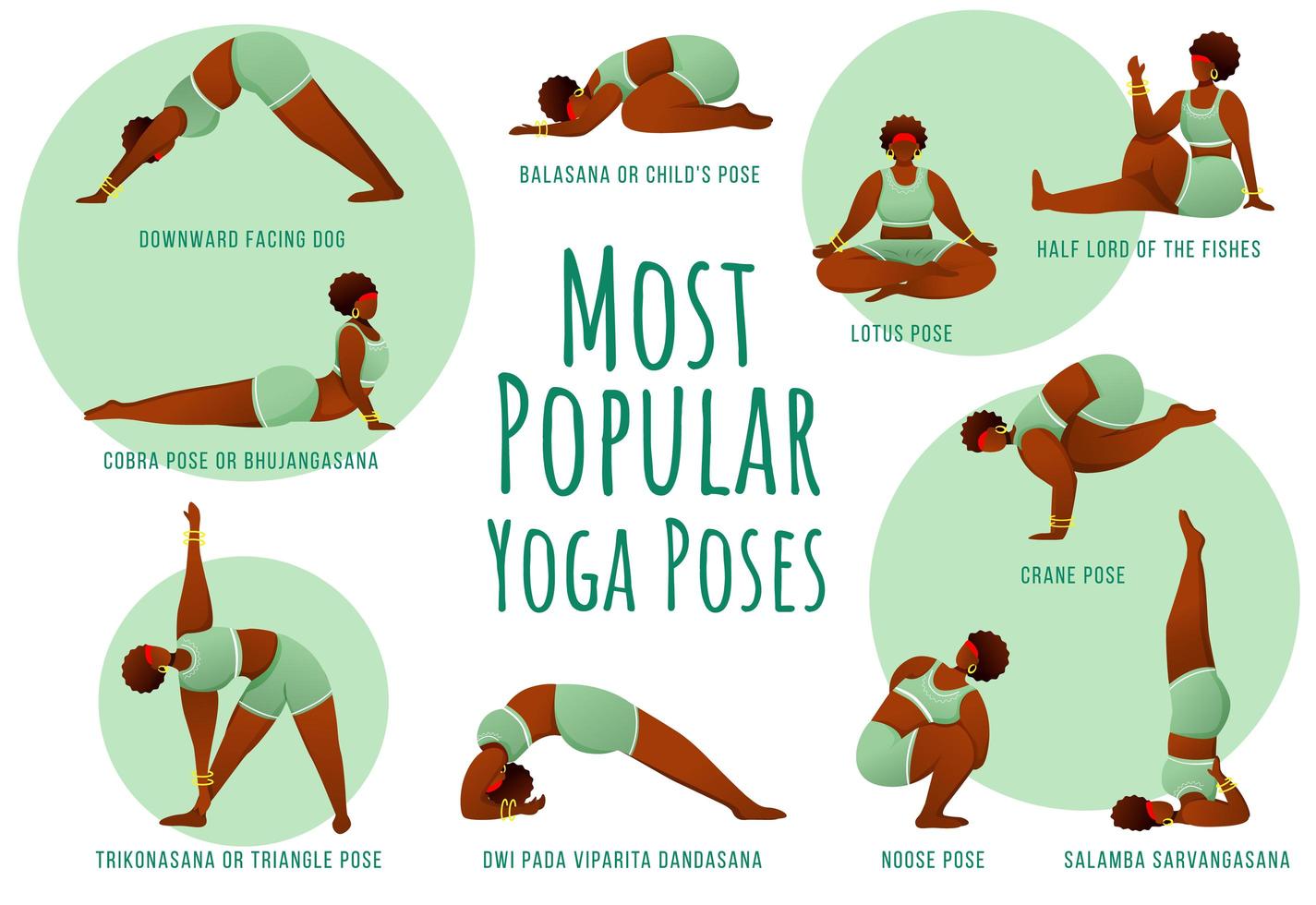 populaire yoga vormt groene vector infographic sjabloon. lichaam positieve donkere huid vrouw. posterconceptontwerp met platte illustraties. reclameflyer, folder, banner met idee voor workflowlay-out