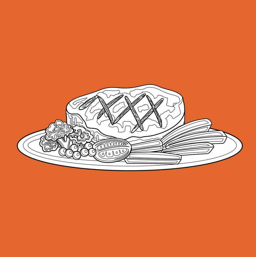 schattig steak lunch menu voedsel tekenfilm digitaal postzegel schets vector