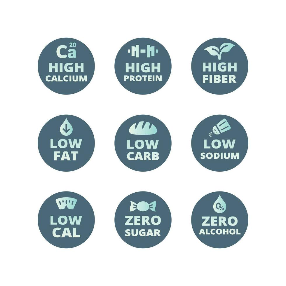 hoog calcium, vezel en eiwit etiketten. laag calorieën, nul suiker en laag natrium vector etiket set.