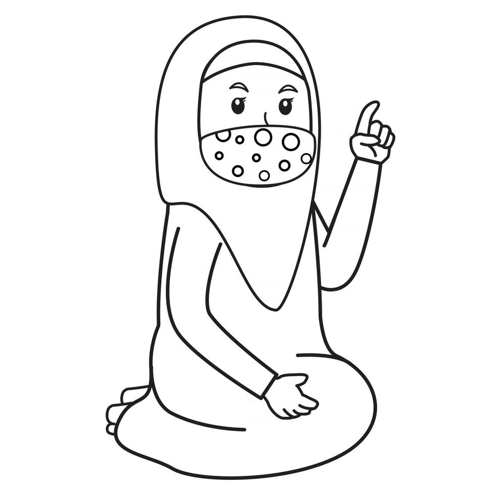 moslimvrouw voegt advies toe of studeert kinderen, ramadan-maand, met masker en gezond protocol. karakterillustratie. vector