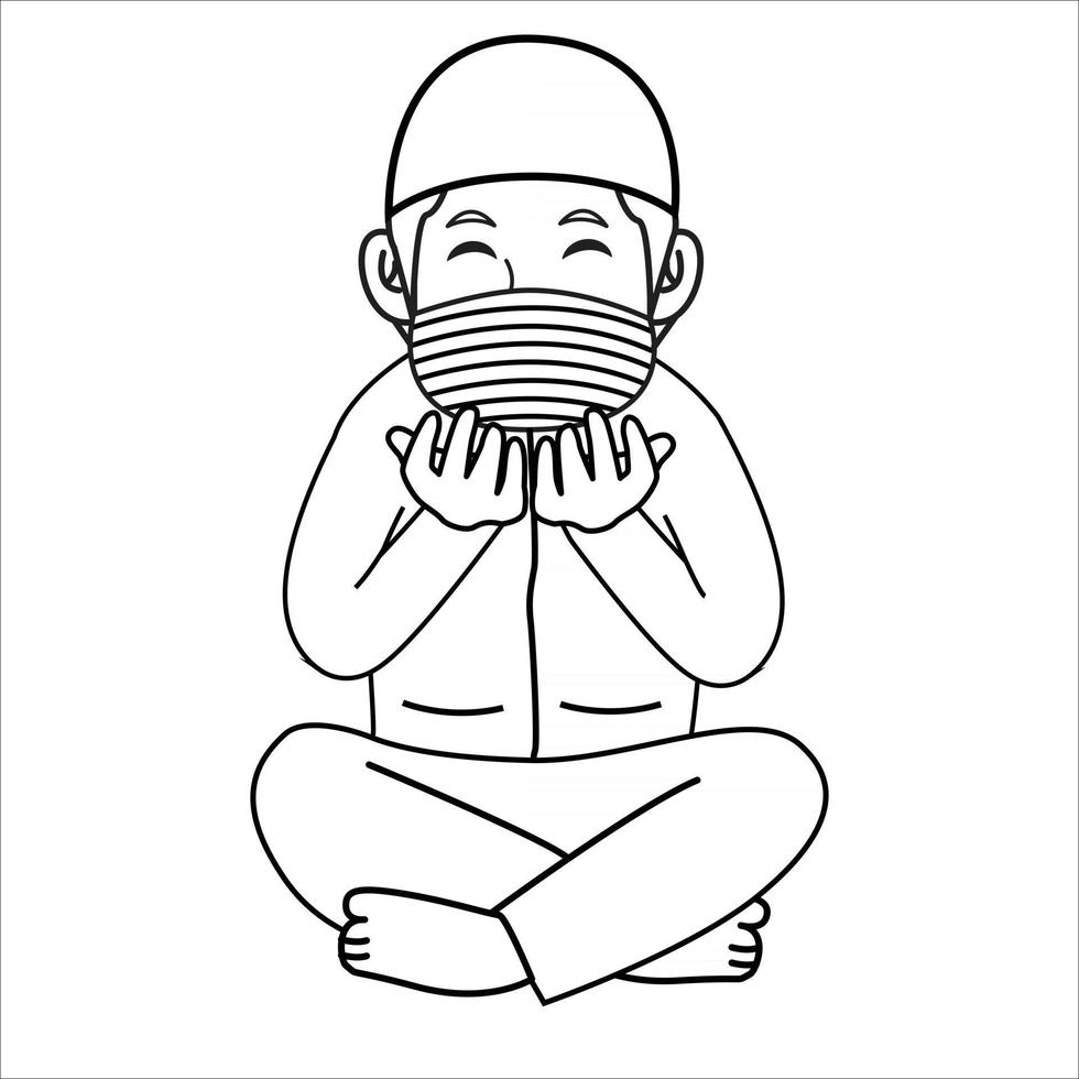 moslim man bidden 's nachts, ramadan maand, met behulp van masker en gezonde protocol.character illustratie. vector