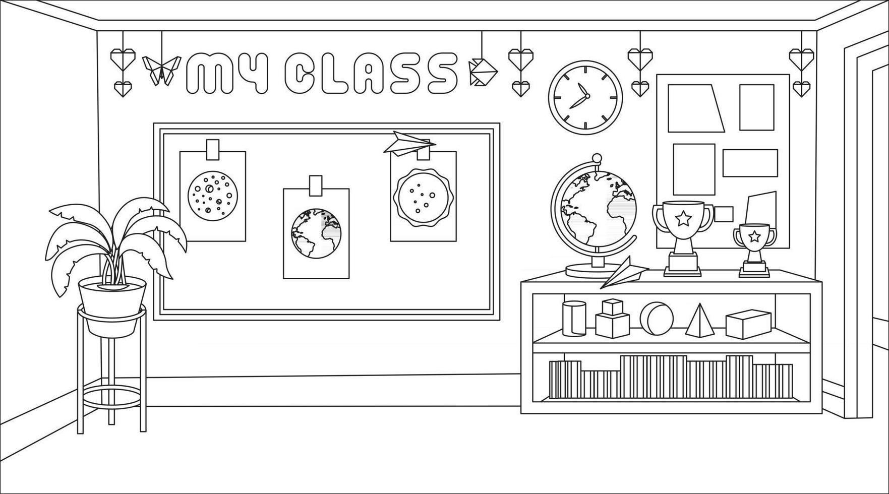 kinderen illustratie, school klas achtergrond met ornament klasse en tool.origami ornament, boek, kubus en decoratieve plant.children kleurplaat illustratie vector