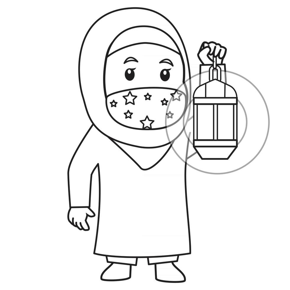 moslimmeisje gebruikt blauw shirt en hijab. zet ramadan lantaarn in ramadan maand, met behulp van masker en gezonde protocol.character illustratie. vector