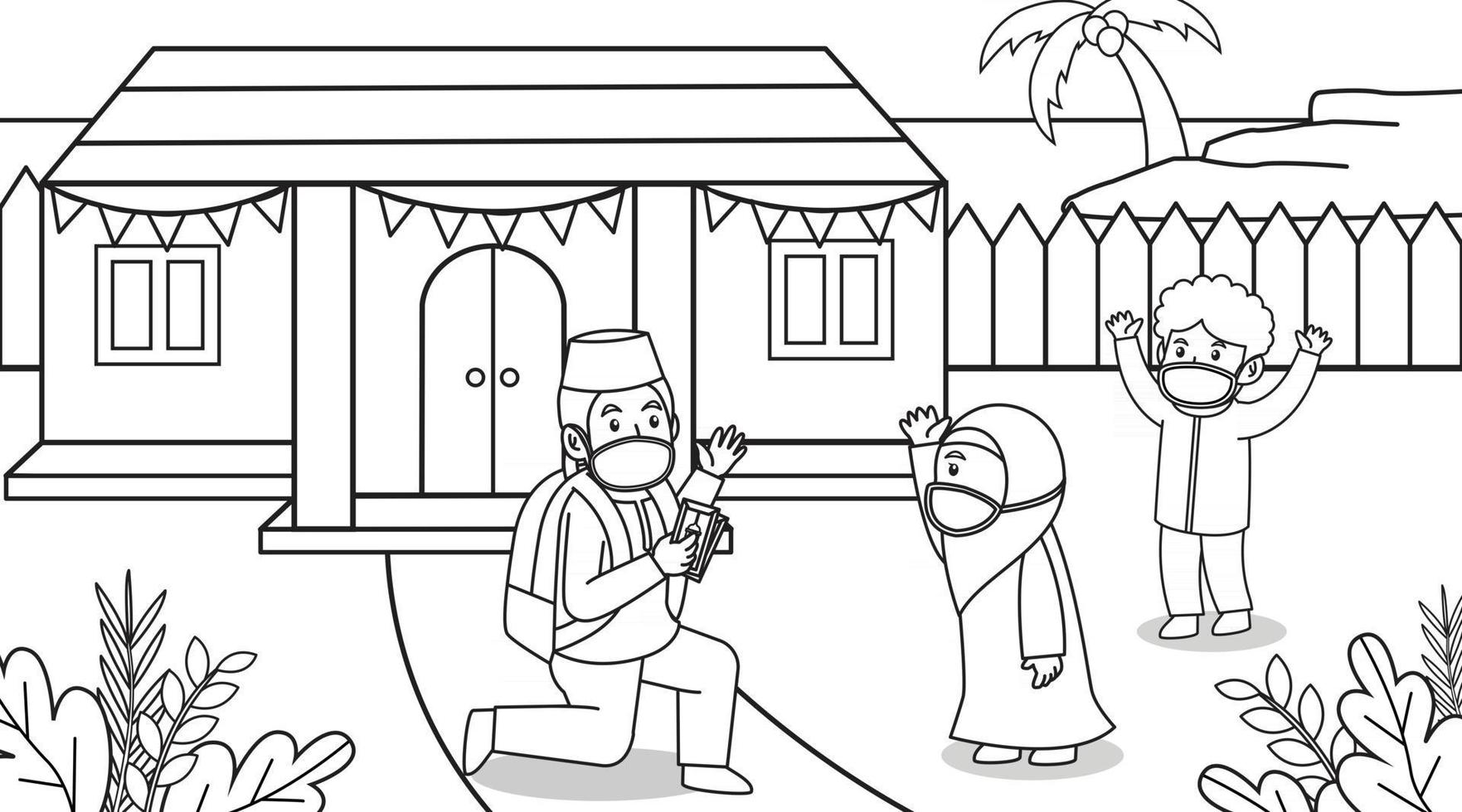 tijdens de pandemie van het coronavirus is moslim in de buitenlucht erg blij, in eid-al fitr.muslim geef cadeau en blij met maskers en gezondheidsprotocollen. kinderboekillustratie. vector