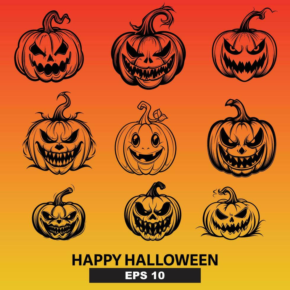 negen spookachtig jack-o-lanterns voor halloween vector