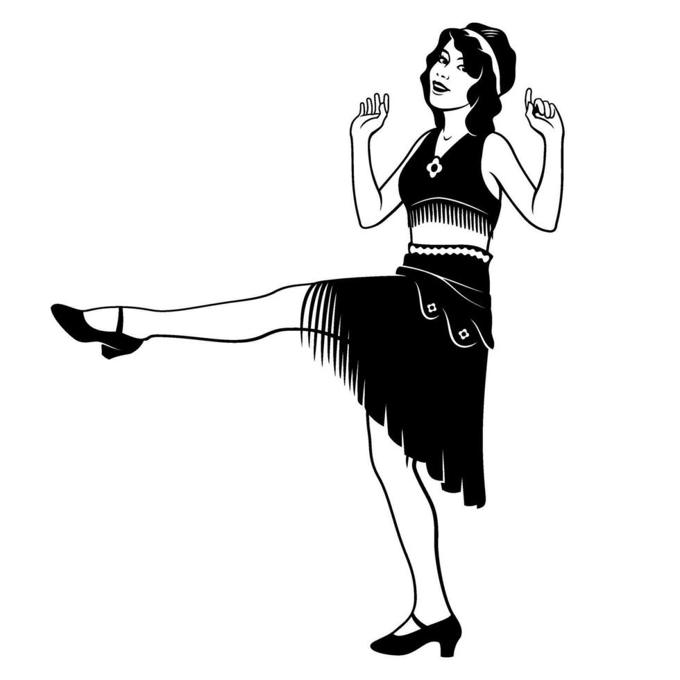 grappig vin meisje dansen. mooi vrouw in retro pak. zwart en wit inkt stijl vector clip art geïsoleerd Aan wit.