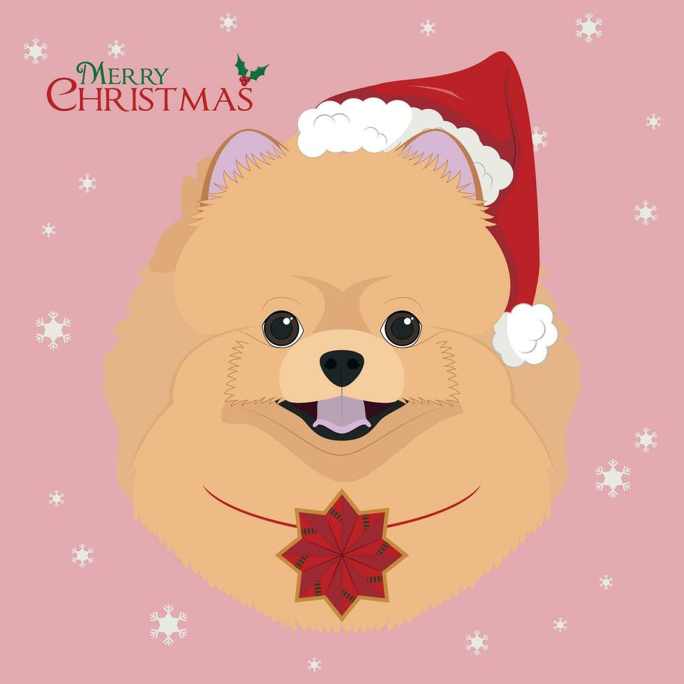 Kerstmis groet kaart. pommeren hond met rood santa's hoed en een Kerstmis ornament vector