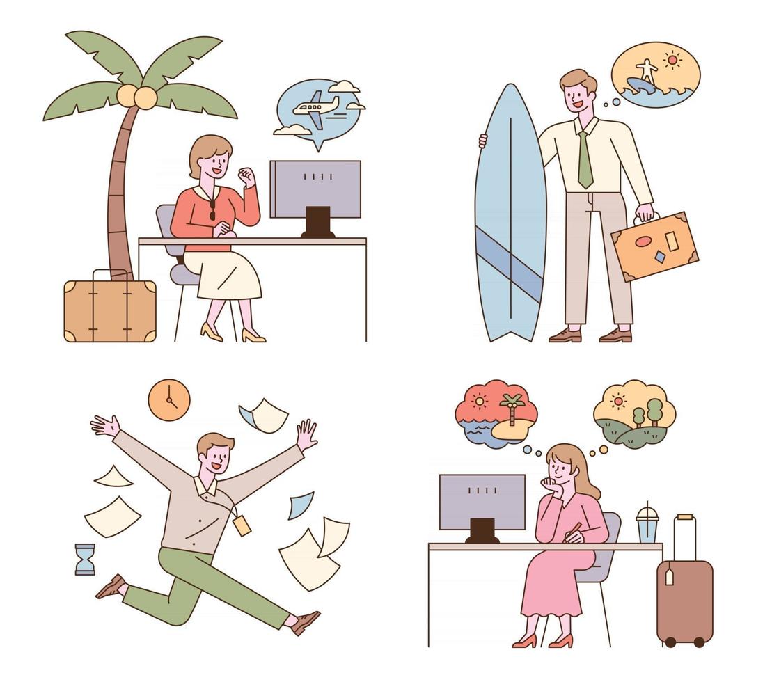 kantoormedewerkers die vakantieplannen maken, zitten aan hun bureau, denken na of gooien hun werk weg en rennen. platte ontwerpstijl minimale vectorillustratie. vector