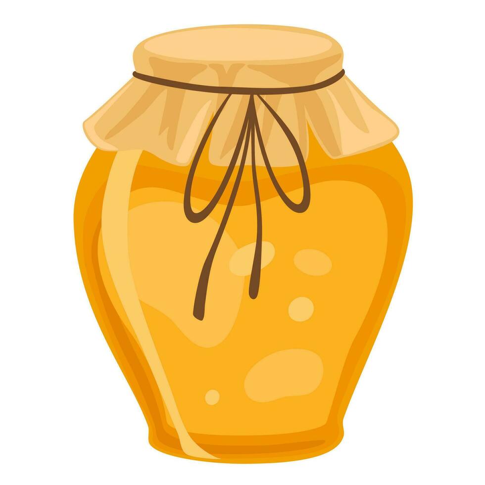 honing. glas pot vol van honing en een honing pollepel. vector illustratie tekenfilm vlak icoon geïsoleerd Aan wit.