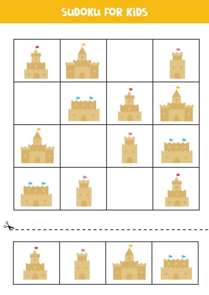 sudoku-spel voor kinderen met schattige cartoonzandkastelen. vector