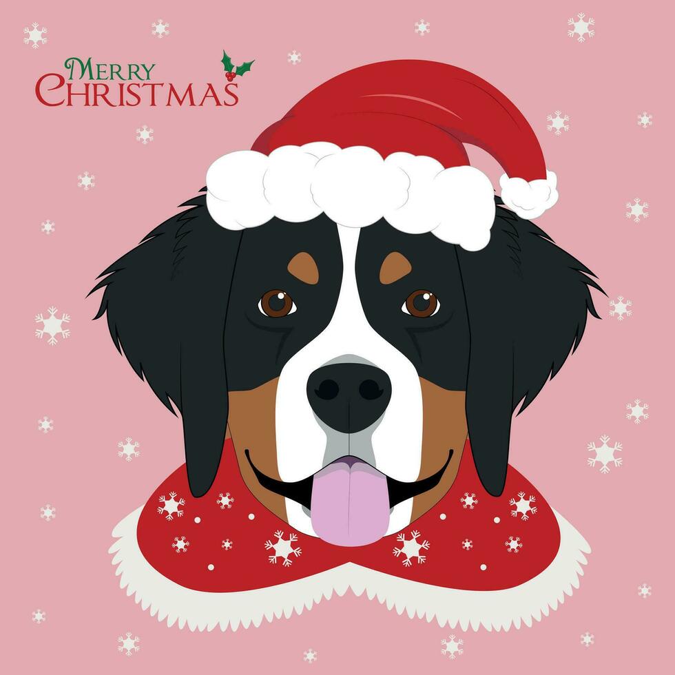 Kerstmis groet kaart. bernese berg hond met rood santa's hoed vector