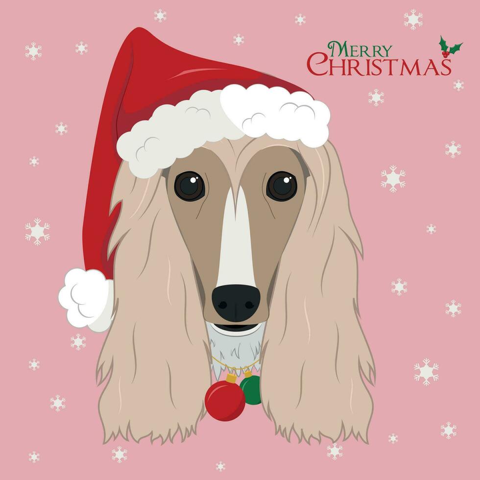 Kerstmis groet kaart. afghaan hond hond met rood santa's hoed en Kerstmis speelgoed- ballen vector