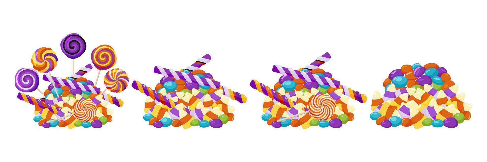 vier aambeien van kleurrijk verschillend types van snoepjes Aan een wit achtergrond. populair halloween traktatie. zoet vakantie voedsel. vector illustratie.