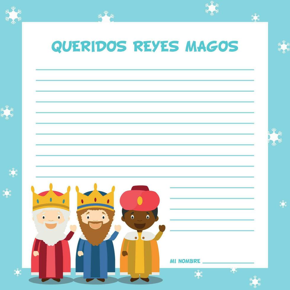 drie wijs mannen brief sjabloon vector illustratie voor Kerstmis tijd in Spaans, met kind karakters.