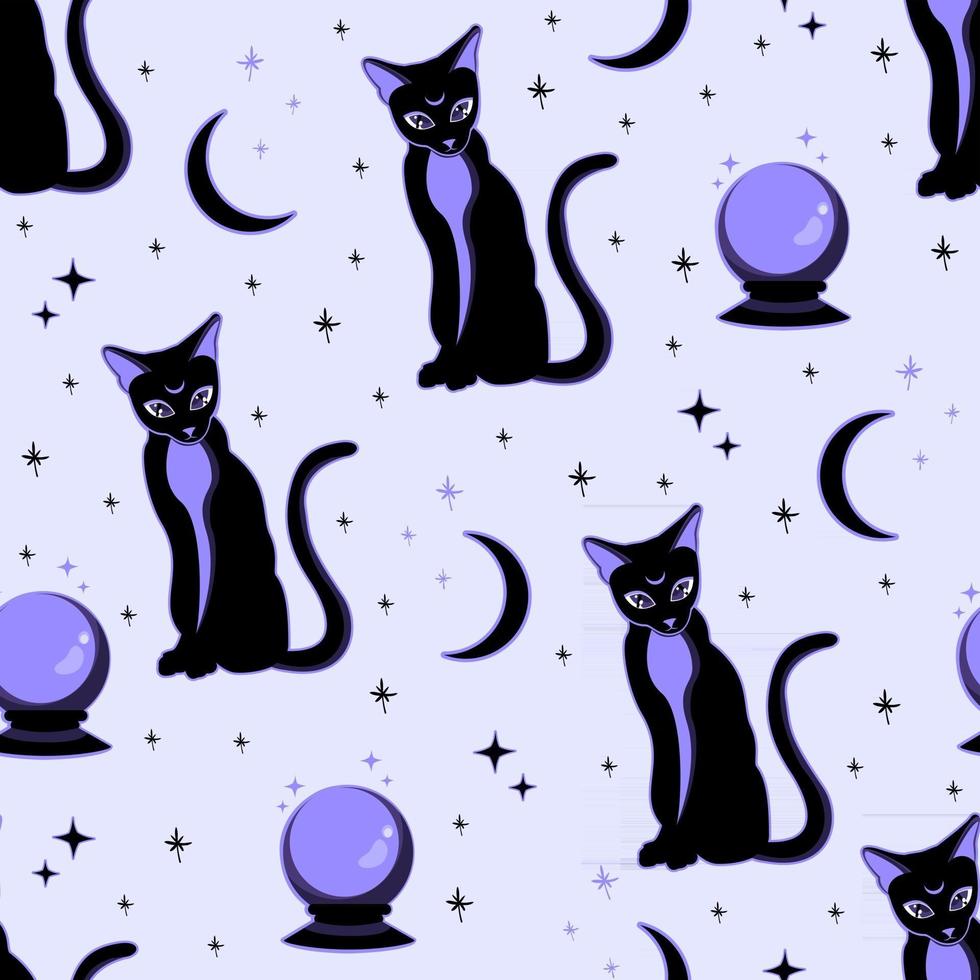 naadloos patroon met een zwarte kat en een paarse magische bal vector