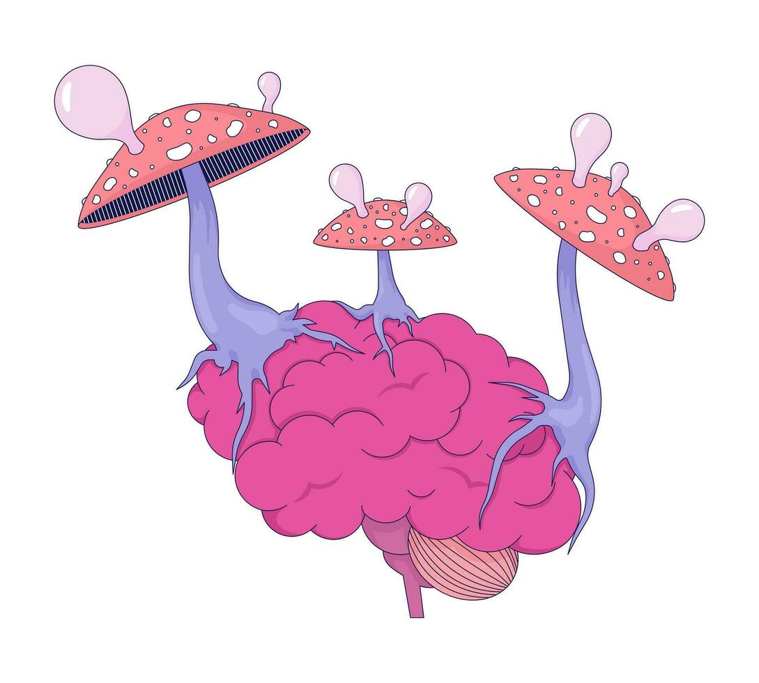 hallucinogeen parasitair schimmels groeit Aan hersenen 2d lineair illustratie concept. schimmel amanita muscaria beïnvloeden geest tekenfilm voorwerp geïsoleerd Aan wit. metafoor abstract vlak vector schets grafisch