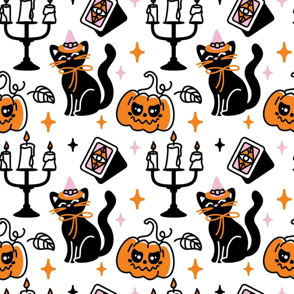 magie kat in een heks hoed. halloween karakter. kinderachtig afdrukken. naadloos patroon. vector. vector