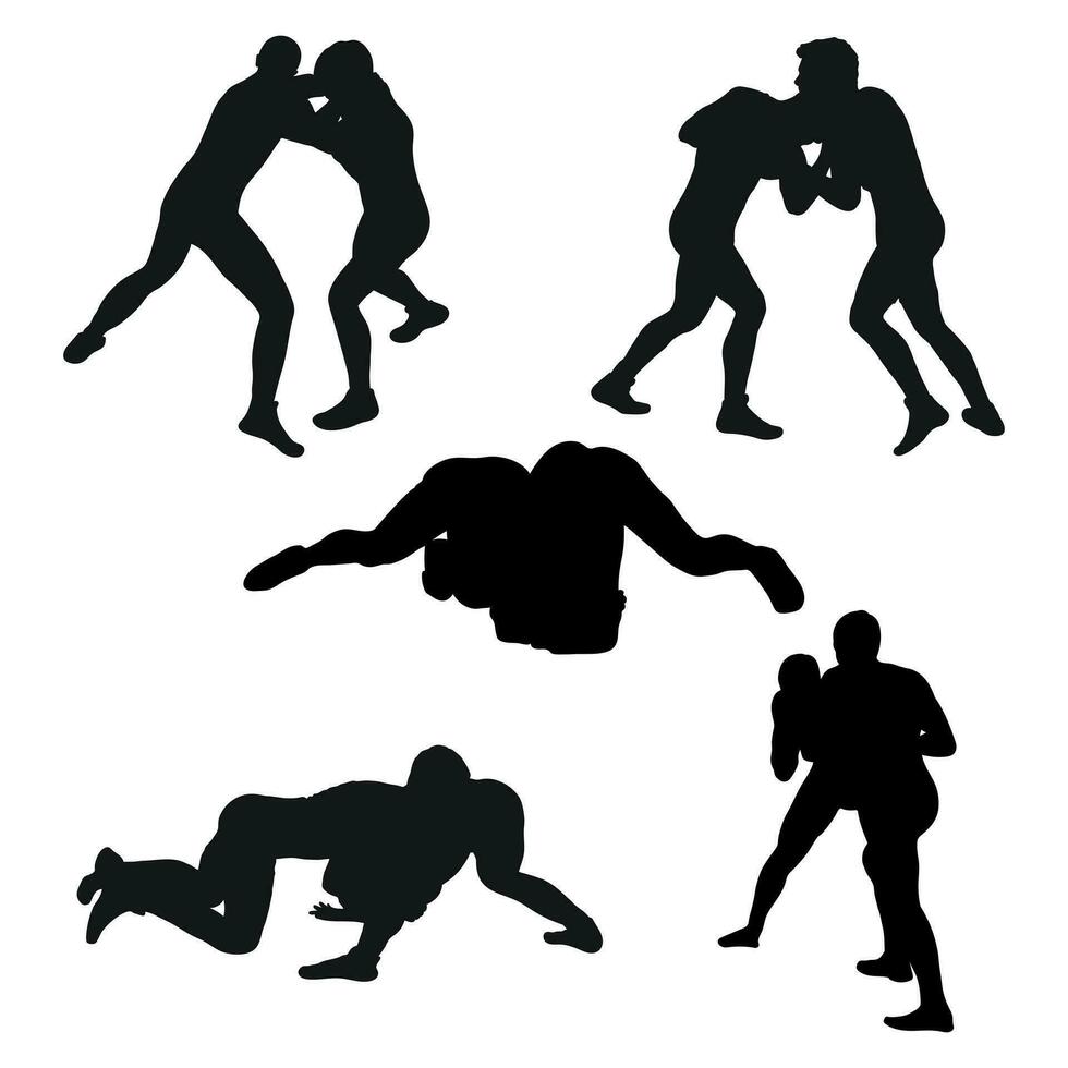 reeks van silhouetten mensen vechten, mma strijders. greco Romeins worstelen, gevecht, bestrijden, strijd, worstelen, duel, gemengd krijgshaftig kunst, sportiviteit vector