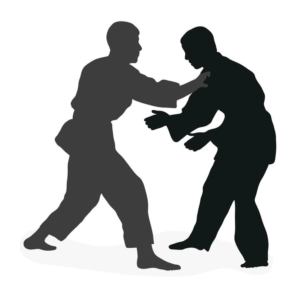 beeld silhouet judoka. judo, krijgshaftig kunst, sportiviteit, worstelen, duel, worstelen, bestrijden, vechten, worstelen vector