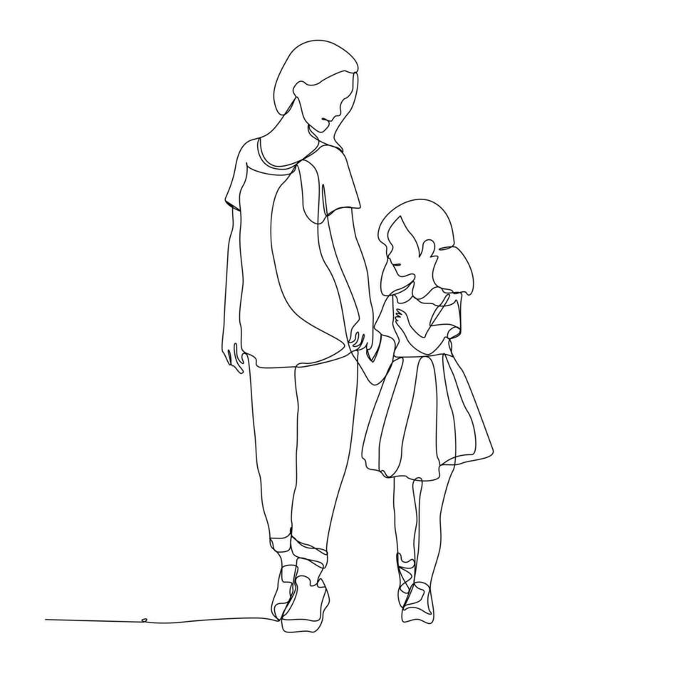 een lijn moeder knuffel haar baby schets vector kunst illustratie