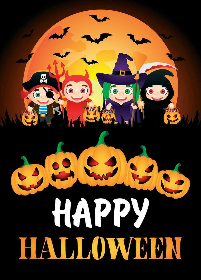 gelukkig halloween poster. kinderen in halloween kostuums en pompoenen vector