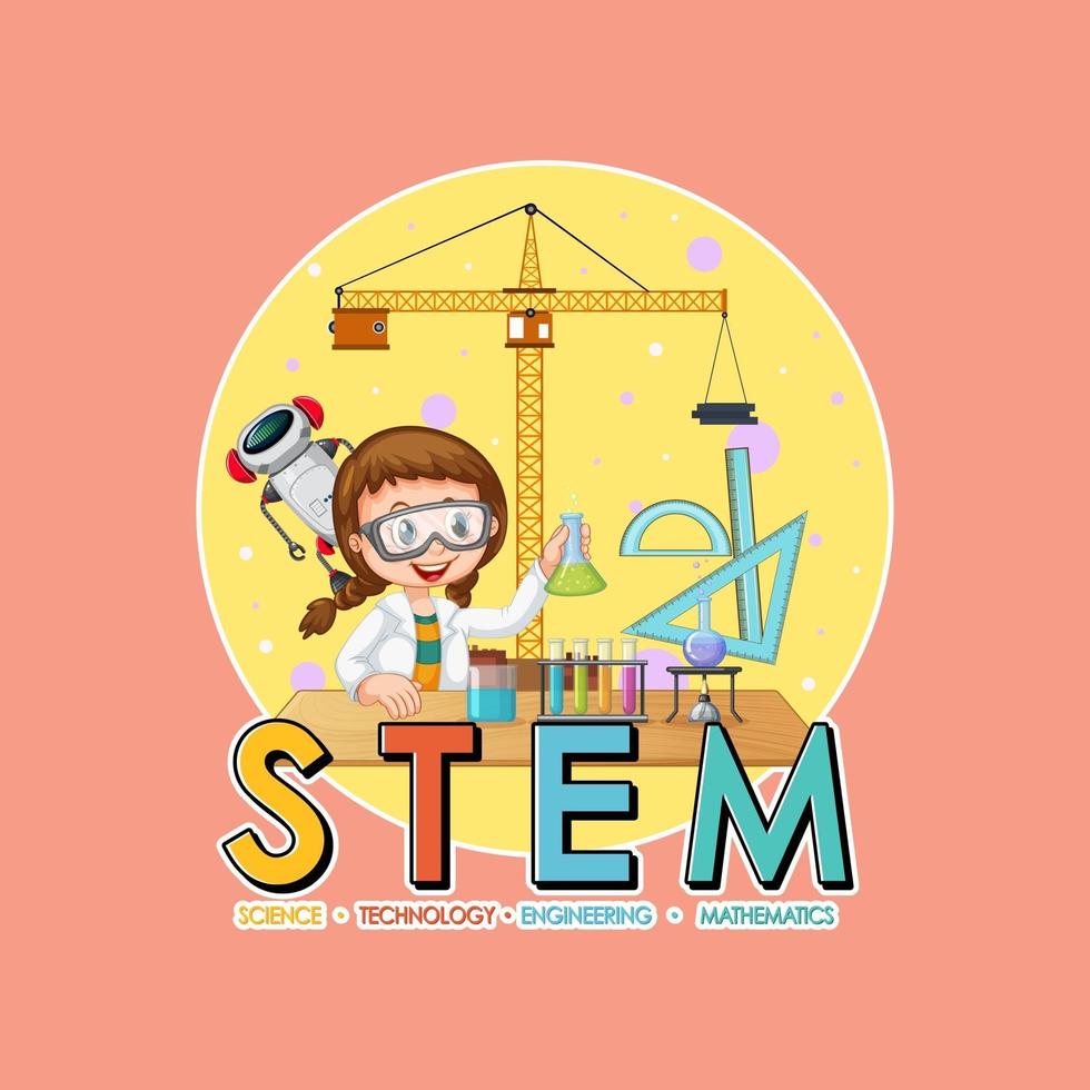 stam onderwijs logo met wetenschapper meisje stripfiguur vector