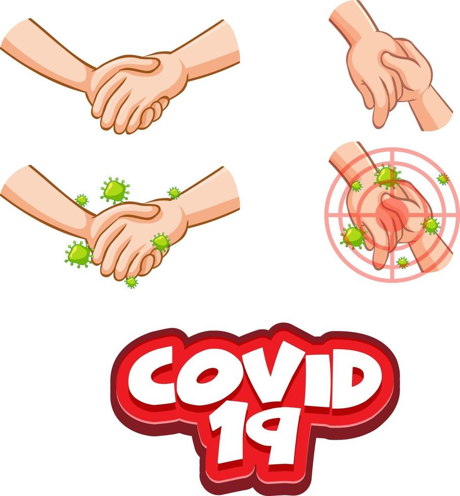 covid-19 lettertypeontwerp met virusverspreiding door handen schudden vector