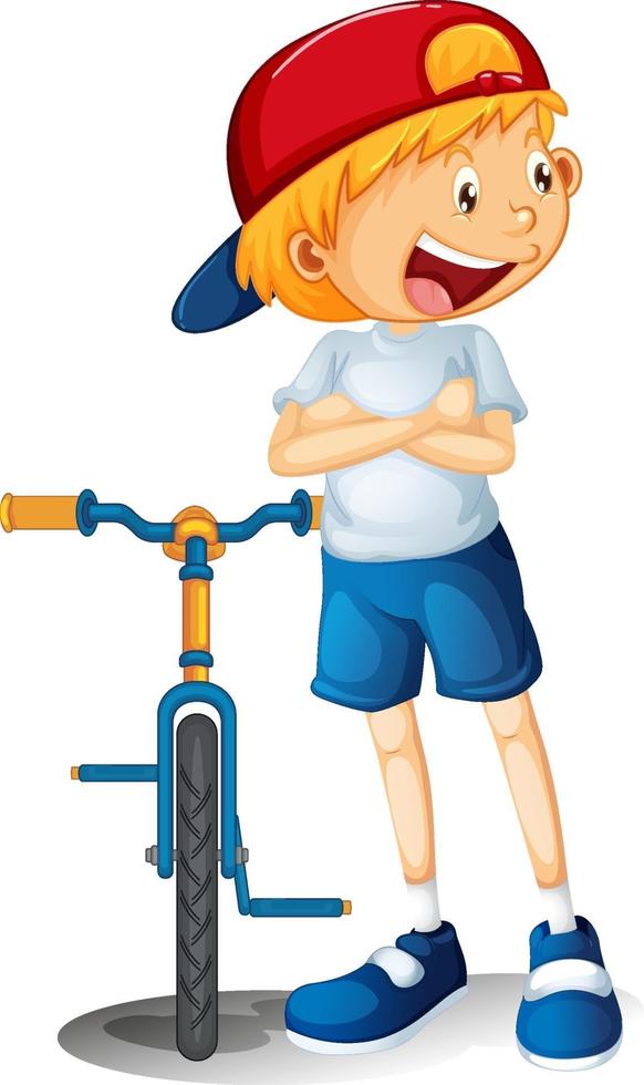 een stripfiguur van een jongen die met een fiets staat vector