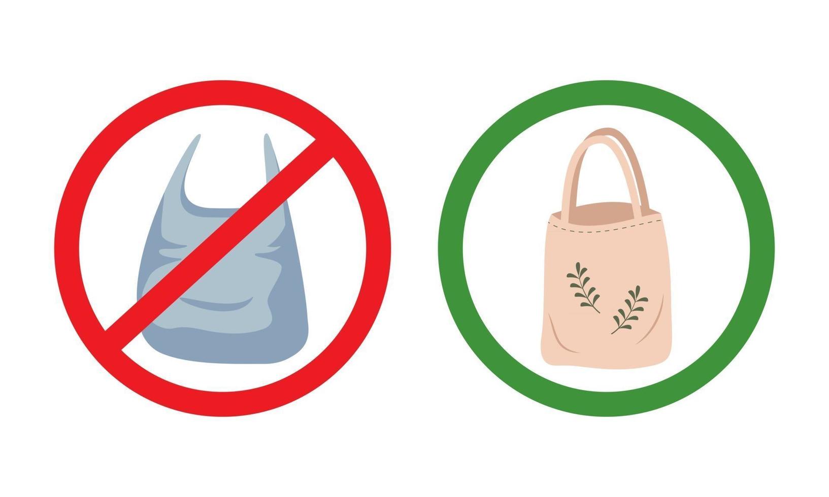 verbiedend icoon van plastic zak en milieuvriendelijke herbruikbare boodschappentas vector