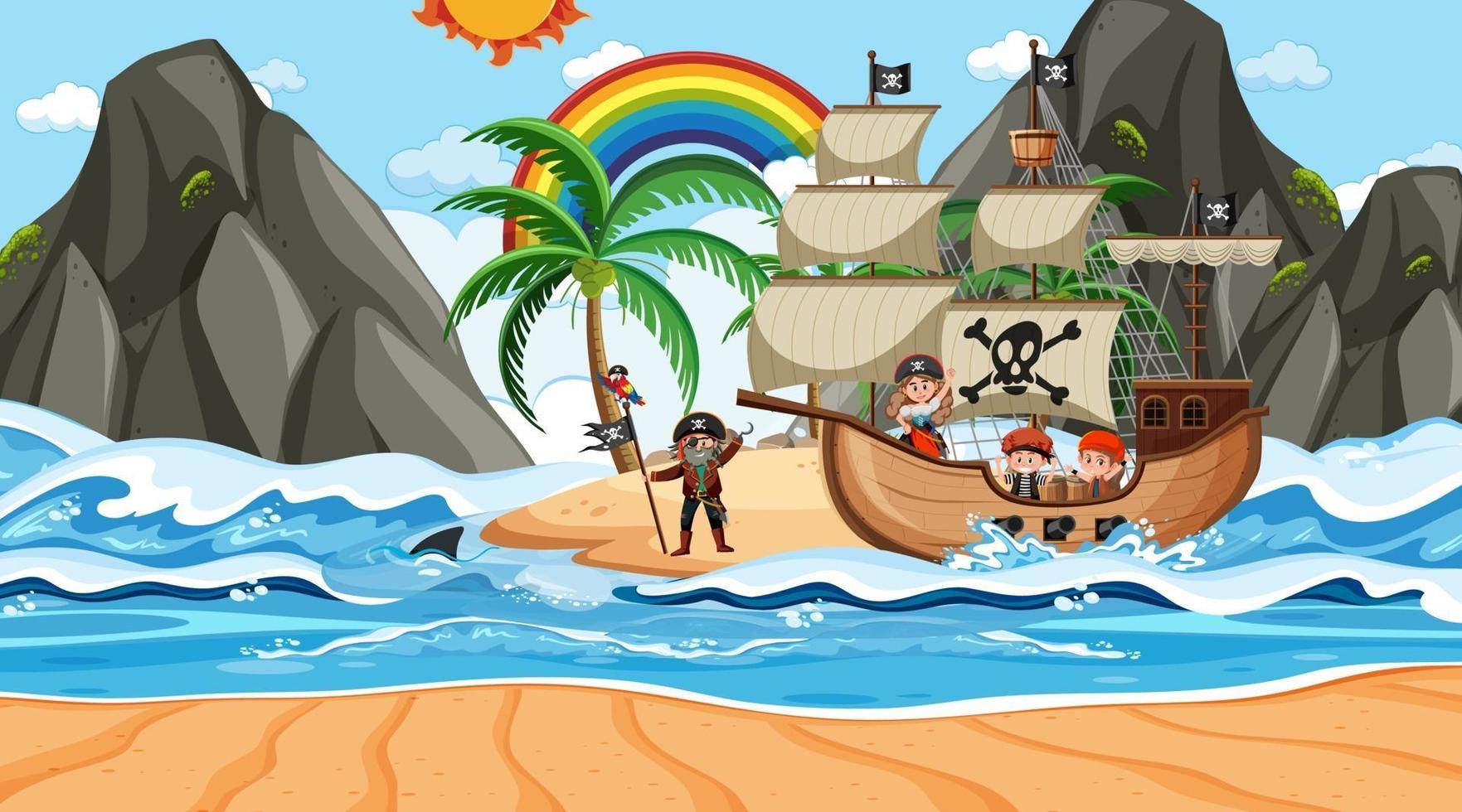 strand met piratenschip overdag in cartoon-stijl vector