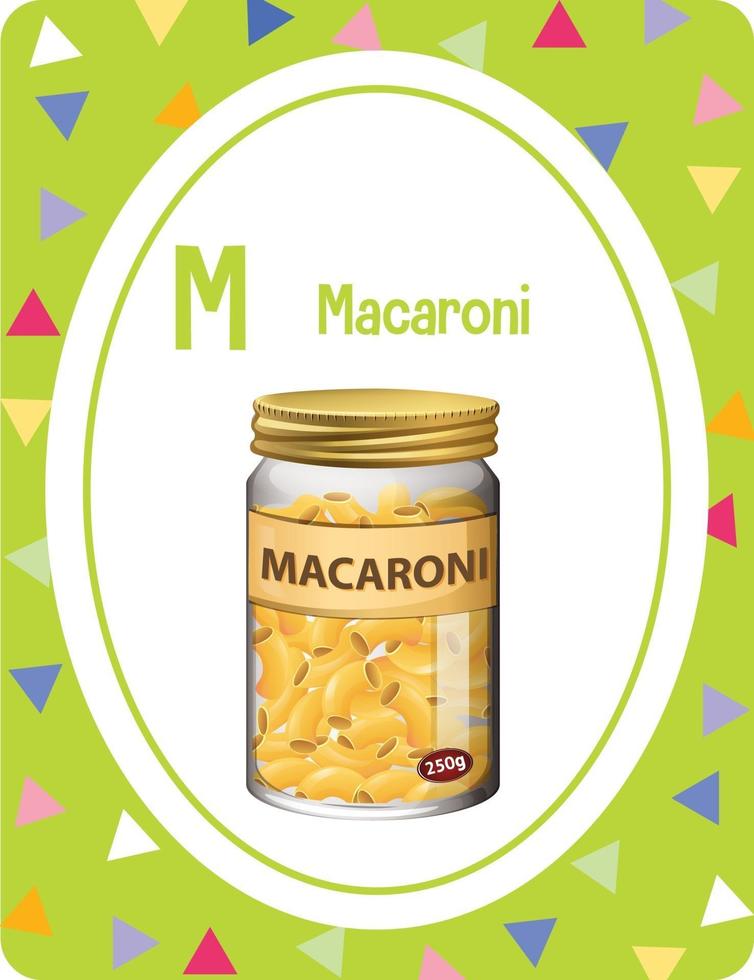 alfabet flashcard met letter m voor macaroni vector