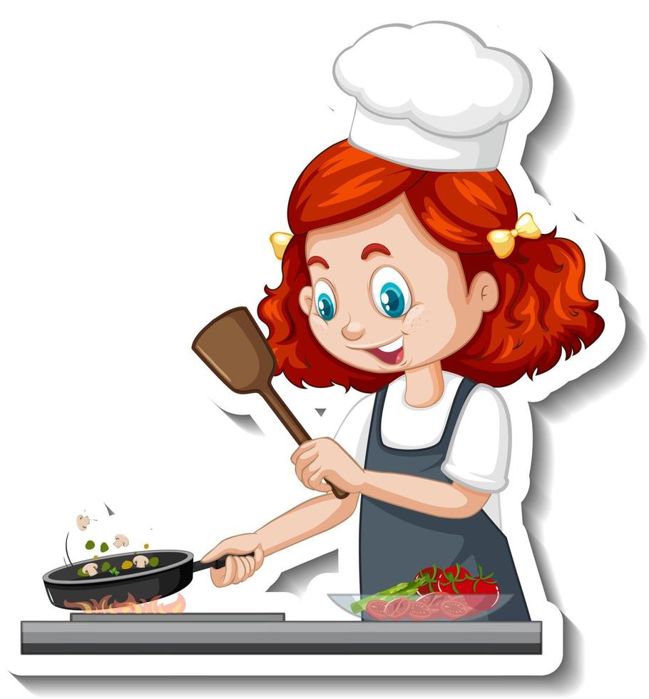 stripfiguur sticker met chef-kok meisje koken vector