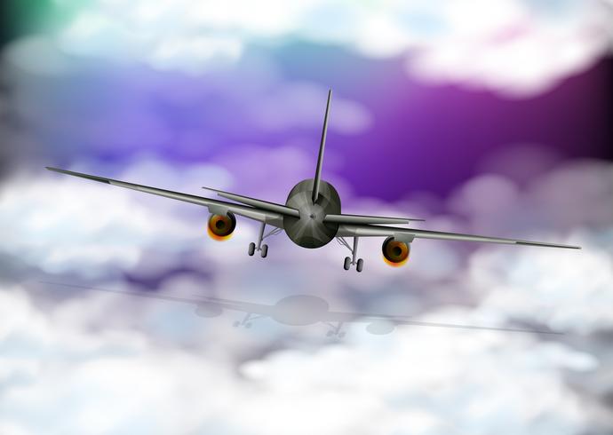 Achterkant van vliegtuig vliegen in paarse lucht vector