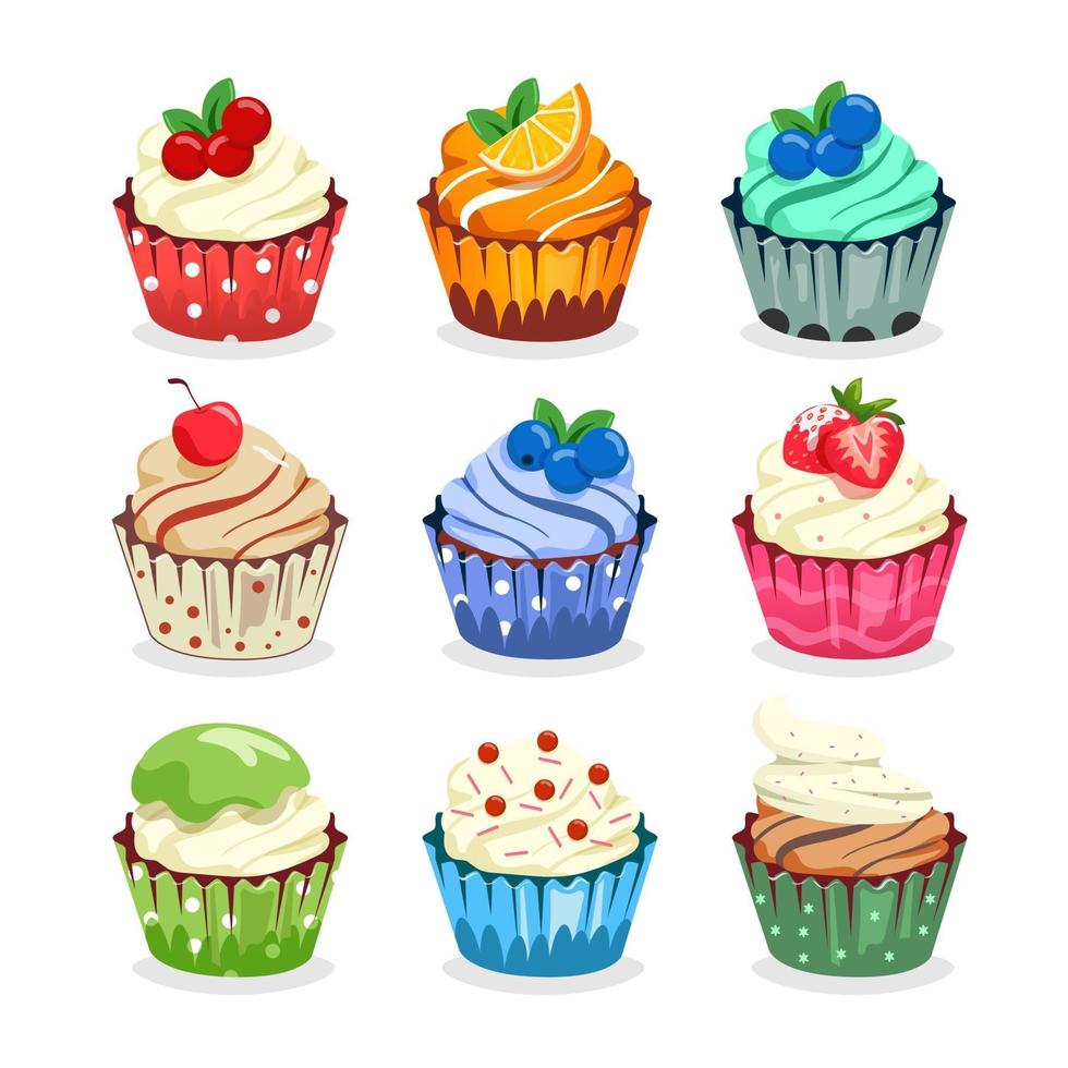 zoete en kleurrijke cupcake set met fruit topping vector