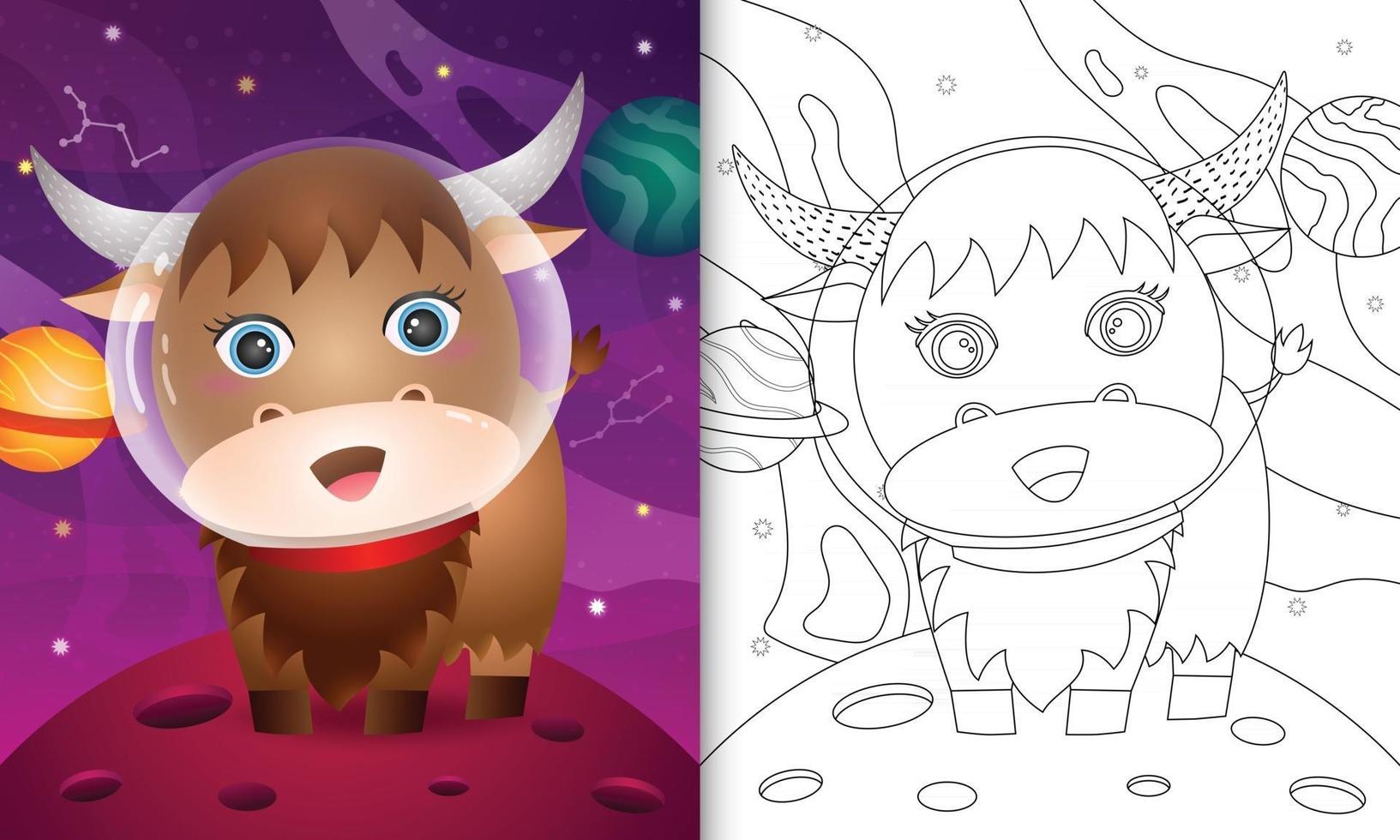 kleurboek voor kinderen met een schattige buffel in de ruimtemelkweg vector