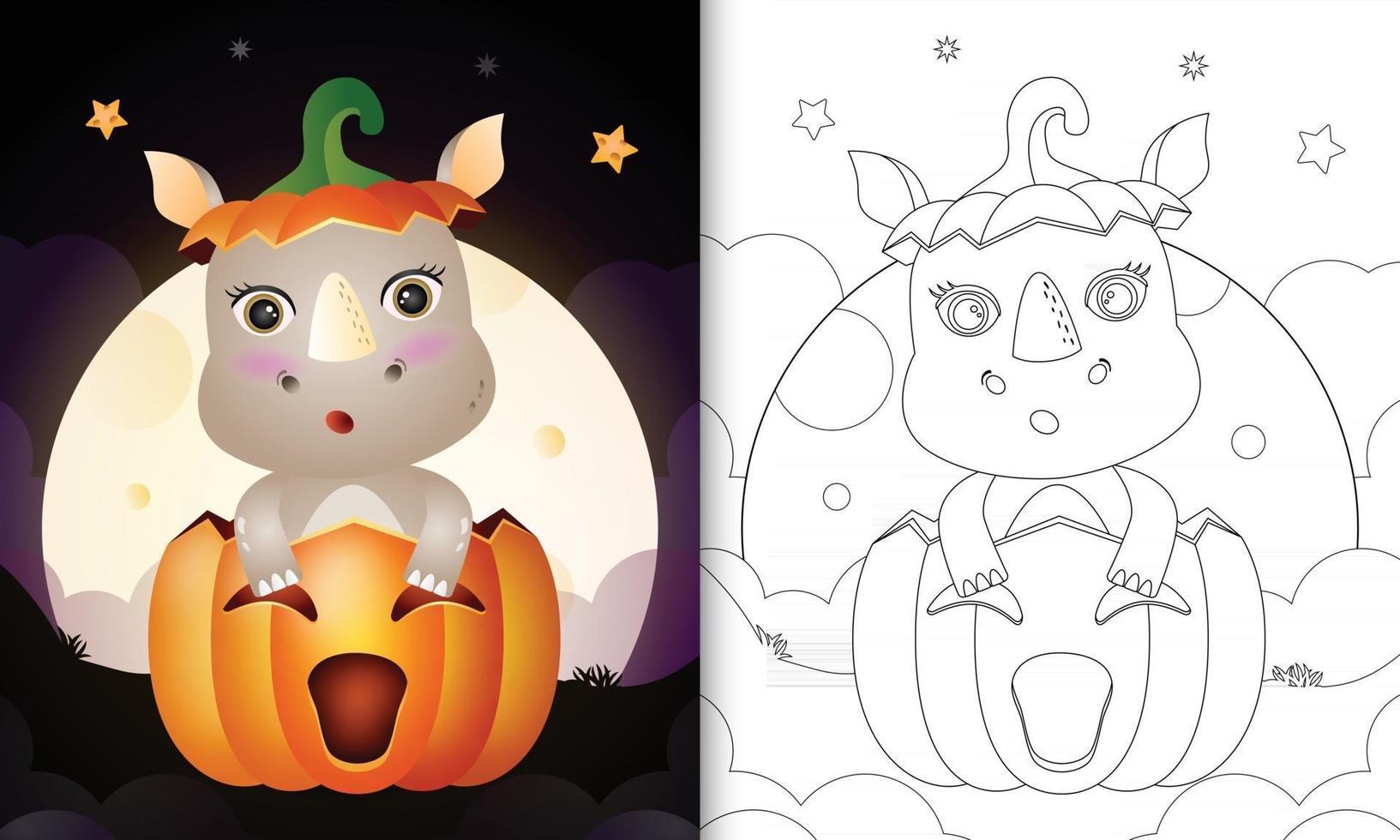 kleurboek met een schattige neushoorn in de halloween-pompoen vector