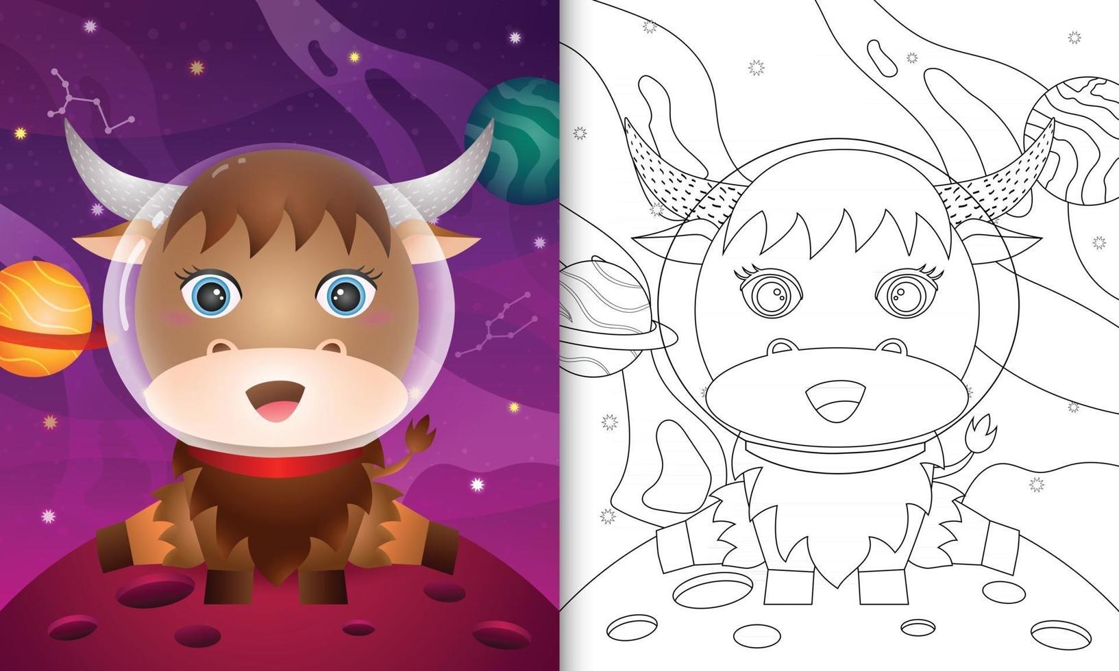kleurboek voor kinderen met een schattige buffel in de ruimtemelkweg vector