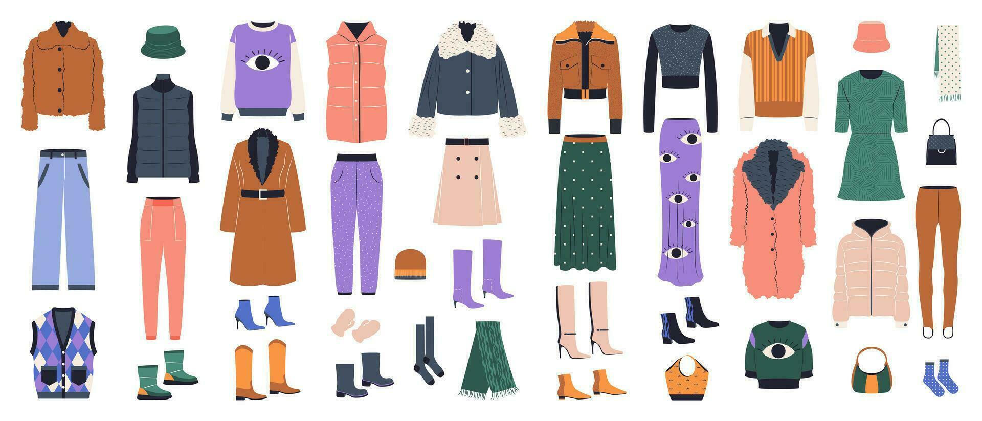 vrouw capsule set. mode kleren en accessoires. val, winter kleding, schoenen, hoeden, sokken, Tassen. modern gewoontjes kleding verzameling. gekleurde vlak vector illustratie