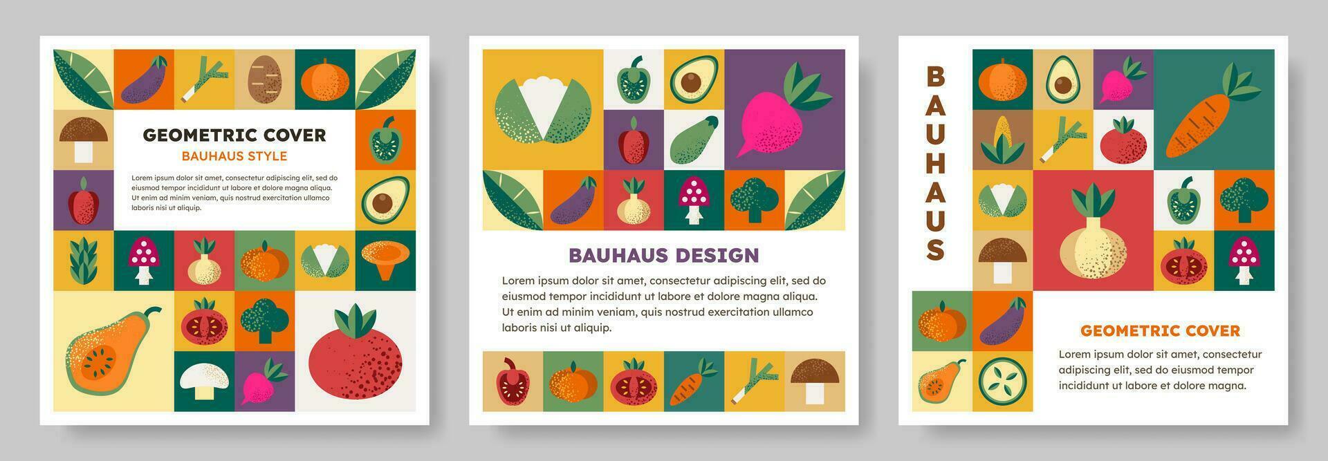 reeks van geïsoleerd abstract meetkundig patroon achtergrond in bauhaus stijl met divers groenten. kleurrijk vector ontwerp sjabloon voor omslag, poster, brochure, banier, menu. retro illustratie.